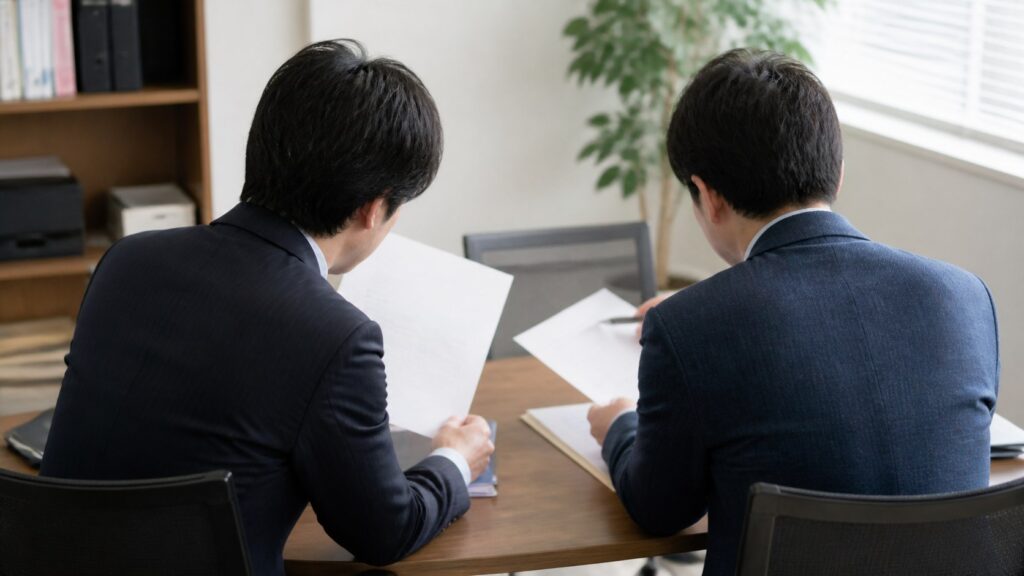 経営者と就業規則を確認する社会保険労務士