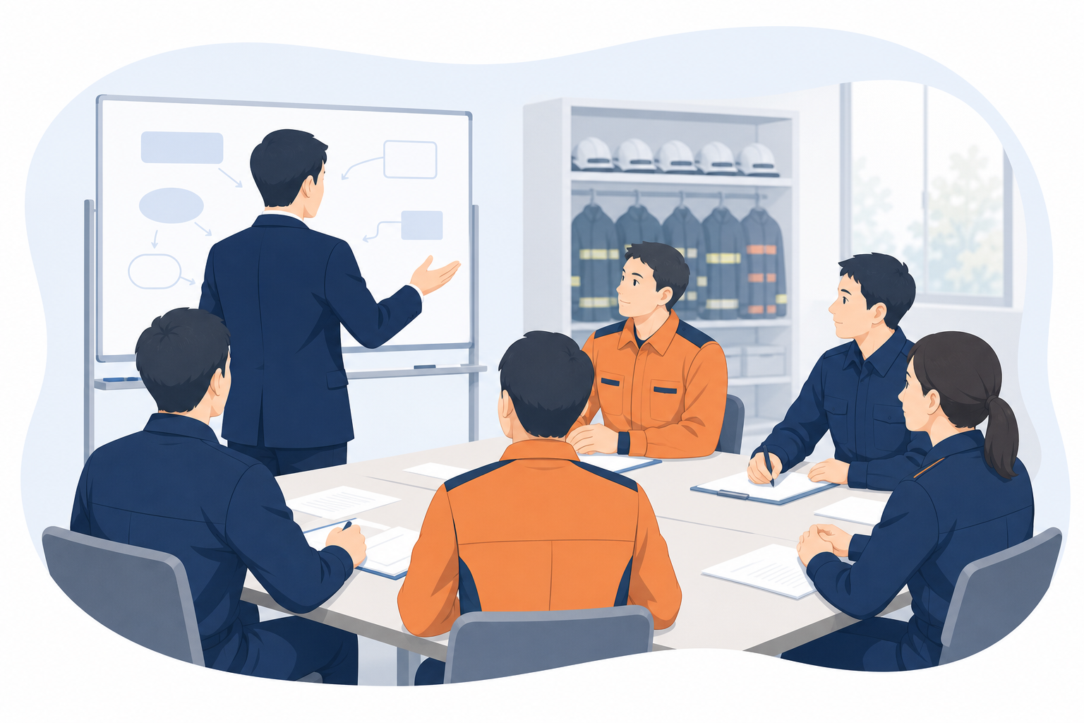 消防職員が事例について意見を交わす研修のイラスト