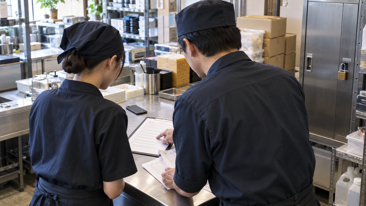 アルバイトの問題行動に備え、在庫管理表とスマートフォンを確認する店舗管理者