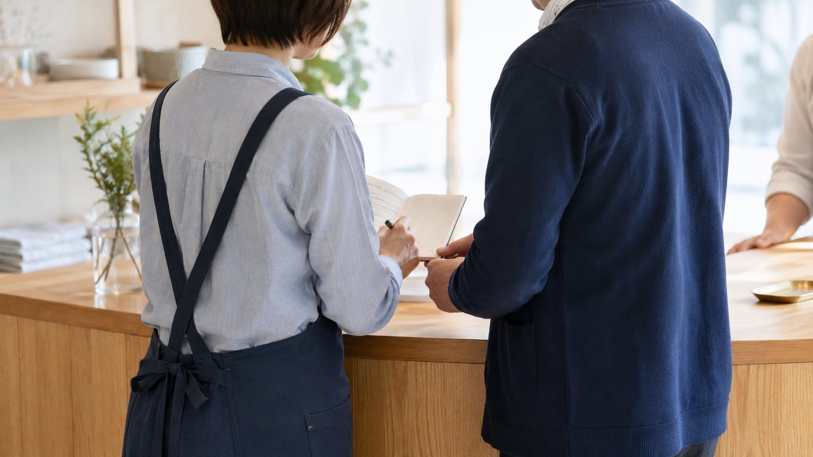 店舗のカウンターで、従業員と経営者が対応ノートを一緒に確認する様子
