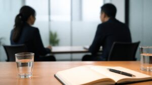 職場の相談対応を表すノートとぼかした面談風景